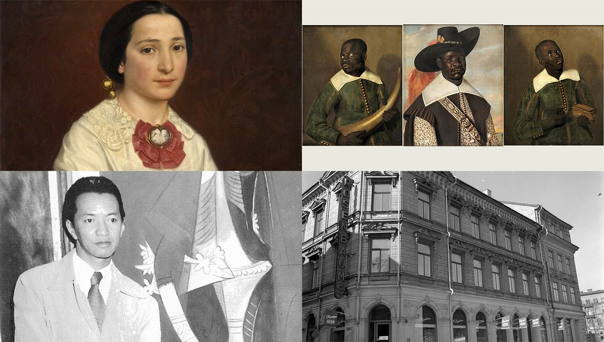 A collage of four images. Portrait of Maria Ricc, 1850s, Emma Ekwall, Nationalmuseum, Sweden, Public Domain. Portraits of Pedro Sunda, Dom Miguel de Castro and Diego Bemba, Unknown Dutch artist, Statens Museum for Kunst, Public Domain.  Carbonell and Wifrido Lam durning an interview at Union Radio television station, Havana Cuba, 1952, Beaux Arts Gallery, Manuel Carbonell. A building, Bo Schilling, Norrlandsbild, Sundsvalls museum, CC BY-NC